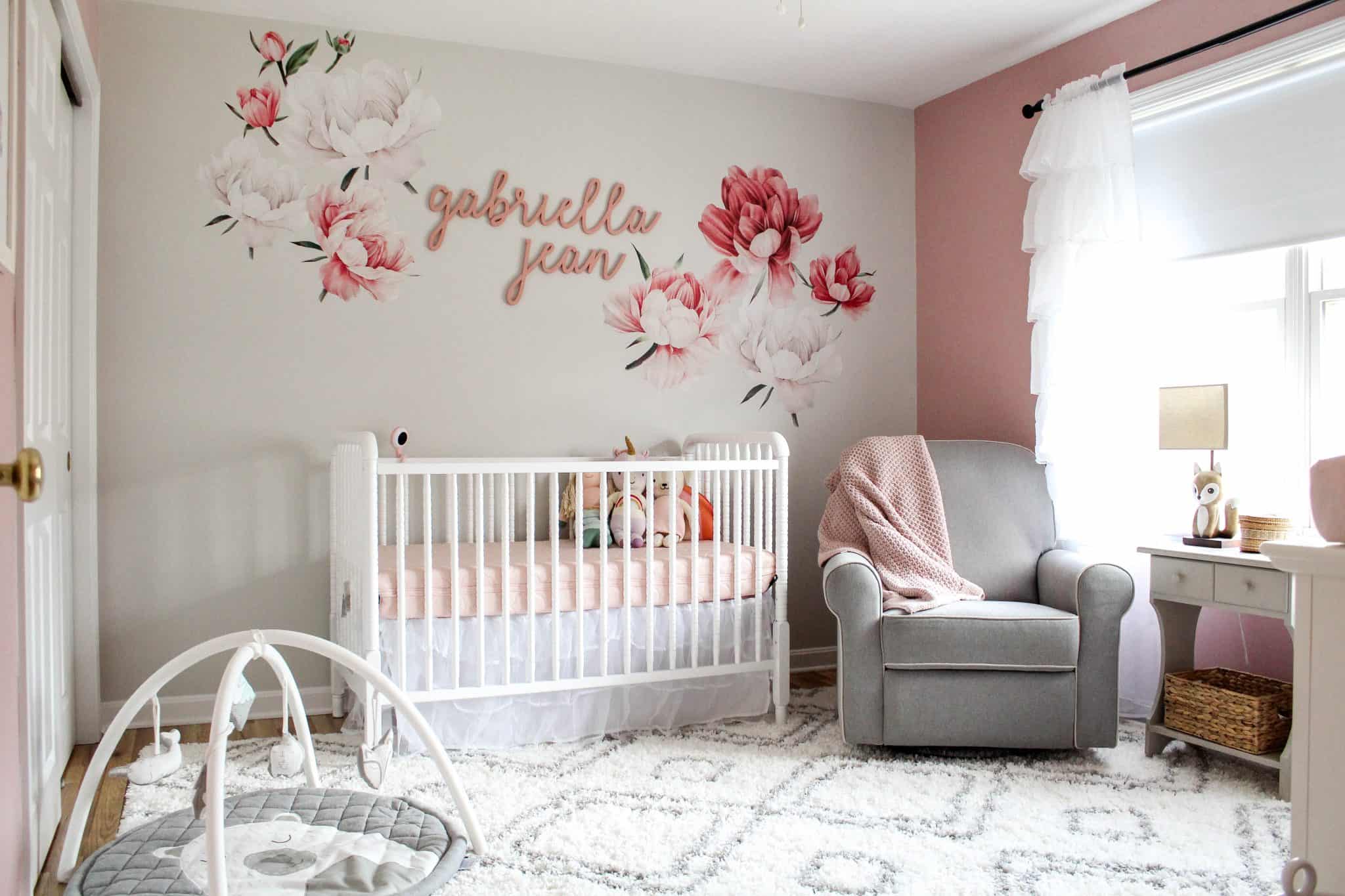 pink and gray floral nursery