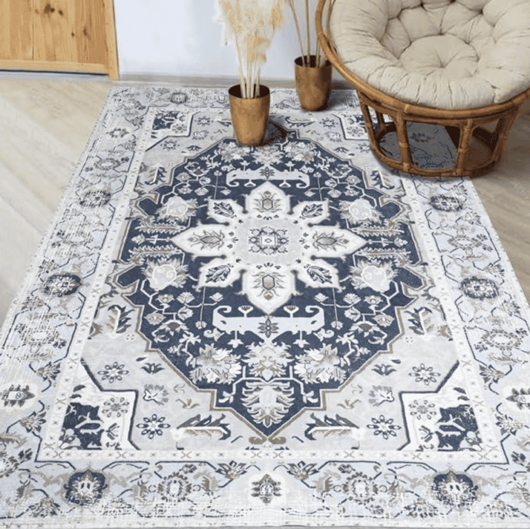 Washable Boho Vintage Rug Dark Blue